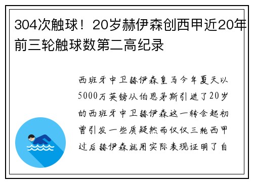 304次触球！20岁赫伊森创西甲近20年前三轮触球数第二高纪录